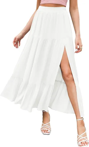 HAEOF Women's 2025 Summer Boho Flowy Maxi Skirt Trendy Slit Elastic High Waist A Line Beach Long Skirts with Pockets