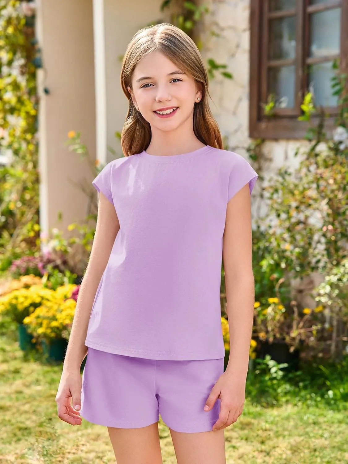 Haloumoning Girls Summer Outfits Casual Lounge Set Cap Sleeve T Shirt and Elastic Waist Shorts 2 Piece Clothing Sets