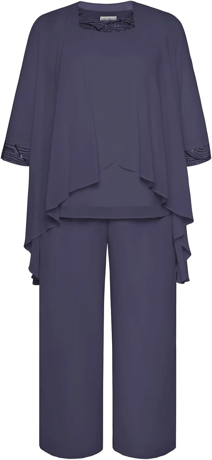 Hanna Nikole Plus Size Mother of The Bride Pant Suits 3 Piece Chiffon Sets Wedding Guest Gowns Formal Outfits with Jacket