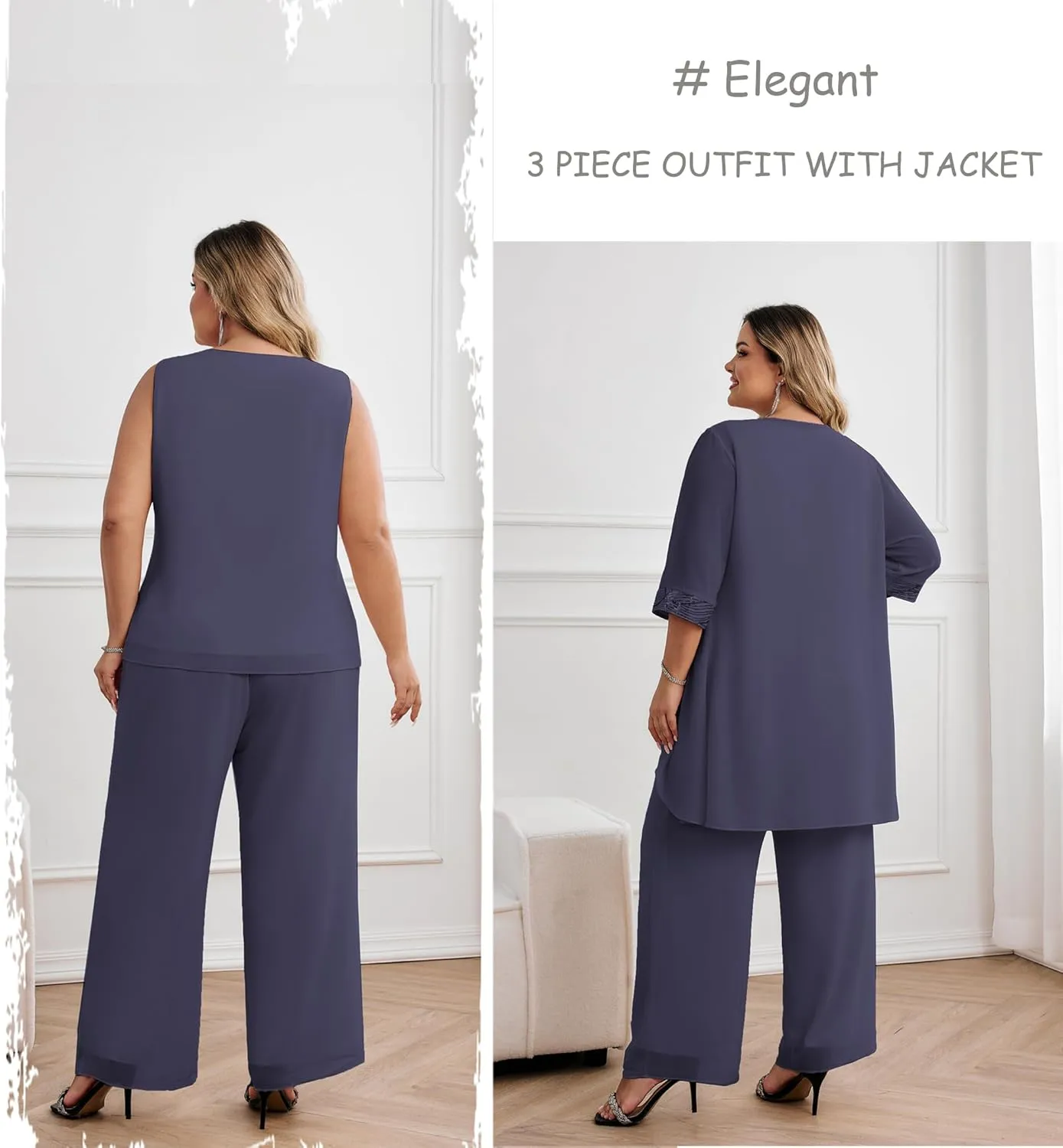Hanna Nikole Plus Size Mother of The Bride Pant Suits 3 Piece Chiffon Sets Wedding Guest Gowns Formal Outfits with Jacket