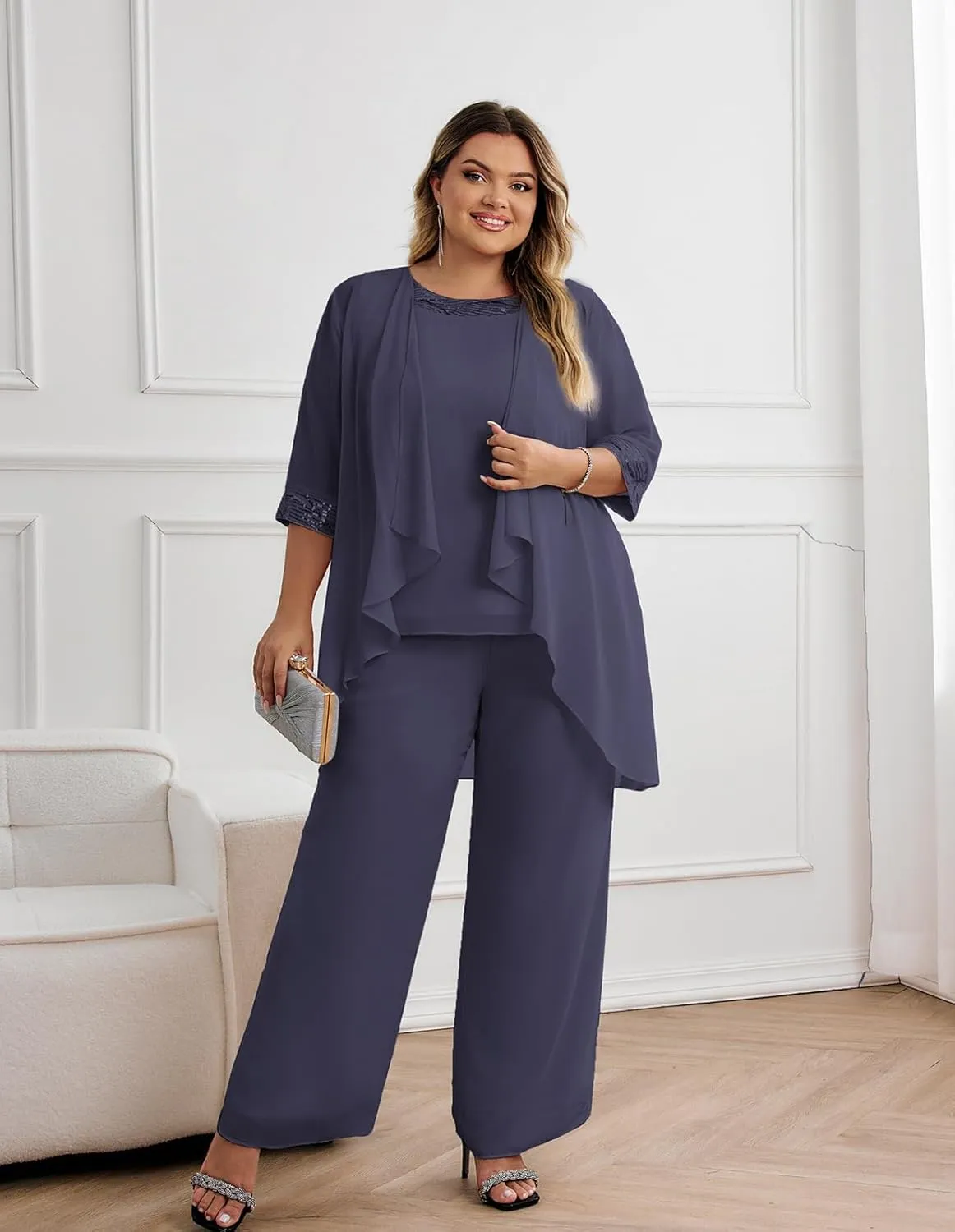 Hanna Nikole Plus Size Mother of The Bride Pant Suits 3 Piece Chiffon Sets Wedding Guest Gowns Formal Outfits with Jacket