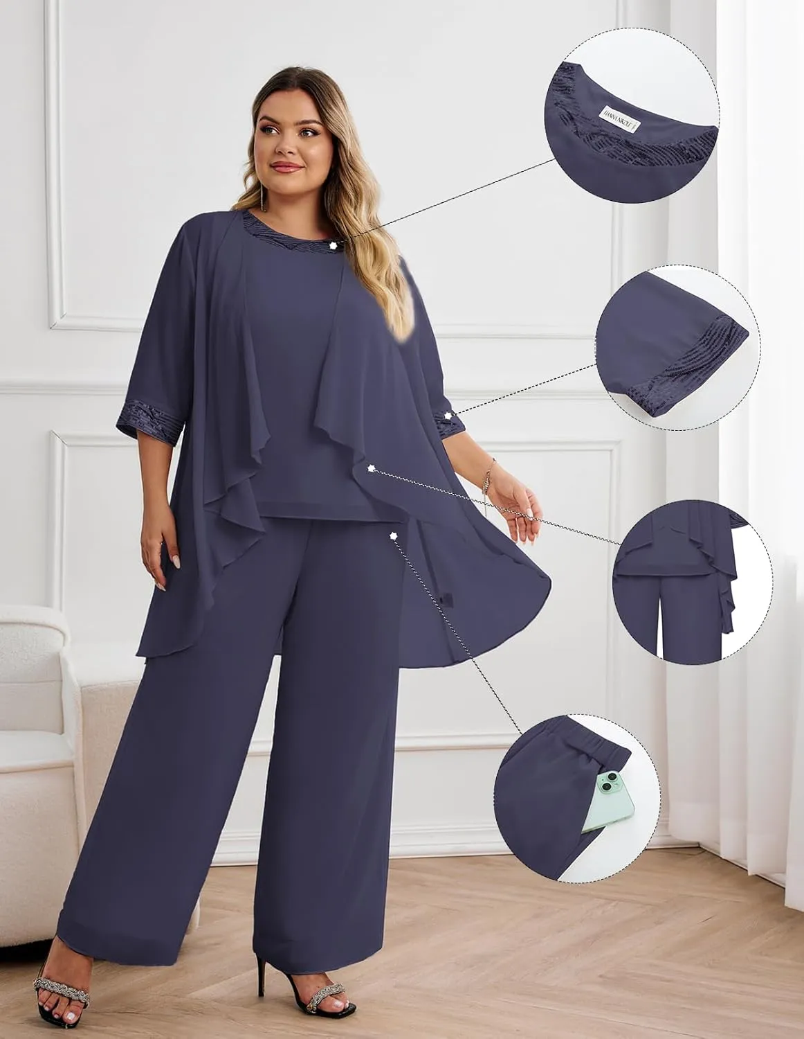 Hanna Nikole Plus Size Mother of The Bride Pant Suits 3 Piece Chiffon Sets Wedding Guest Gowns Formal Outfits with Jacket