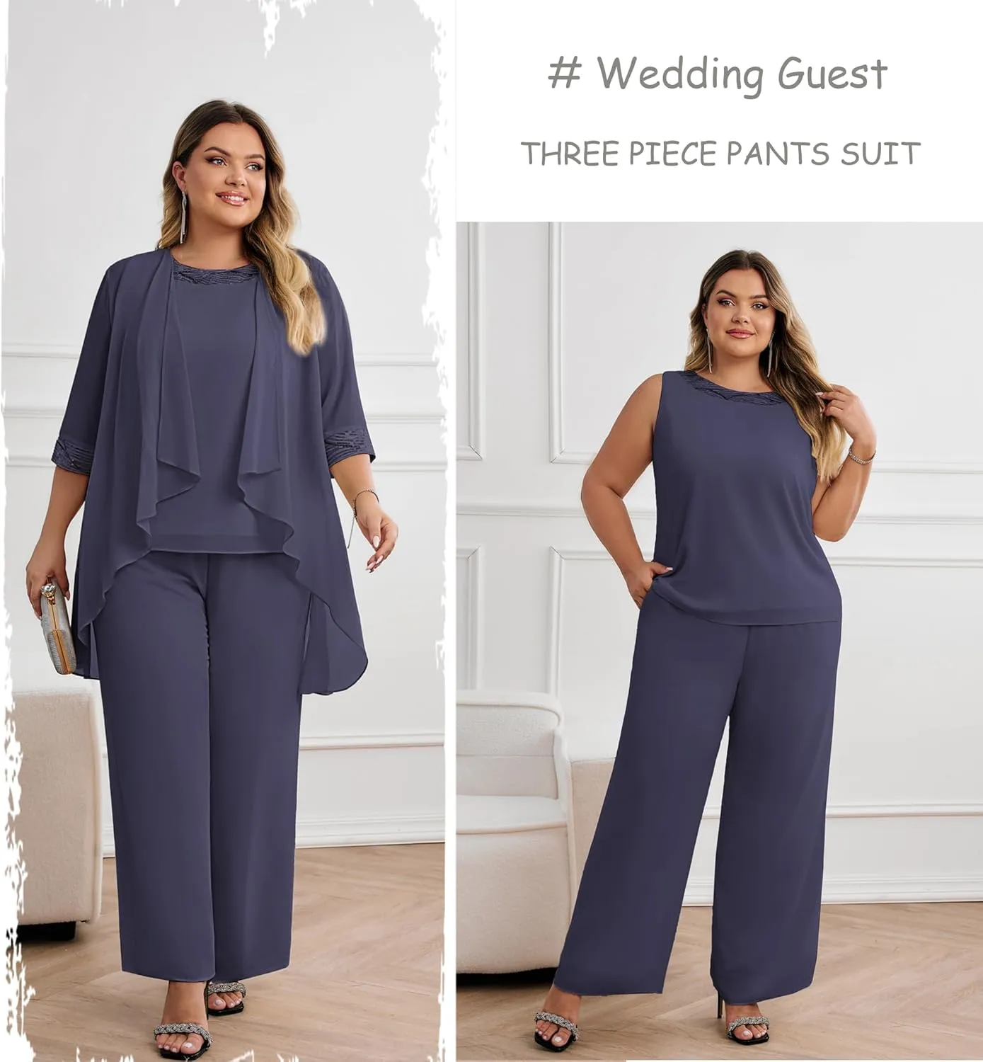 Hanna Nikole Plus Size Mother of The Bride Pant Suits 3 Piece Chiffon Sets Wedding Guest Gowns Formal Outfits with Jacket
