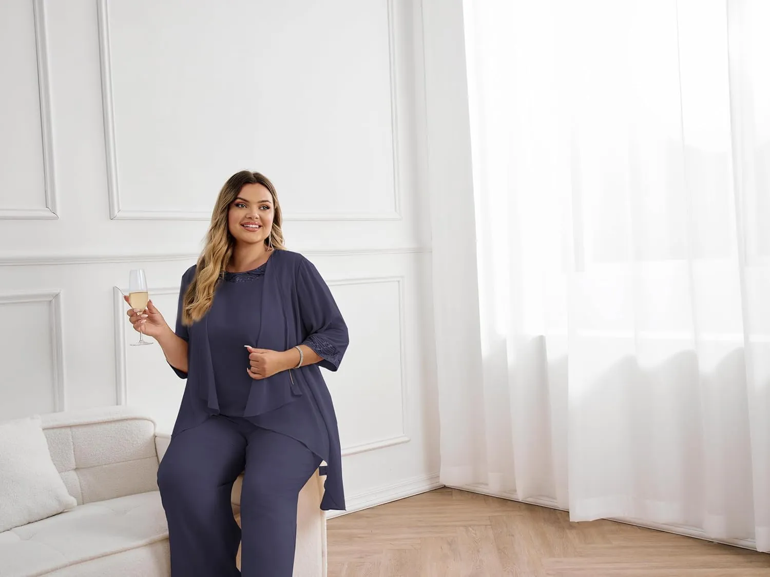 Hanna Nikole Plus Size Mother of The Bride Pant Suits 3 Piece Chiffon Sets Wedding Guest Gowns Formal Outfits with Jacket