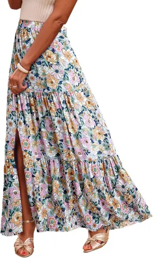 Happy Sailed Skirts for Women Spring Summer Boho Floral Print High Waist Flowy Split A Line Maxi Skirt with Pockets