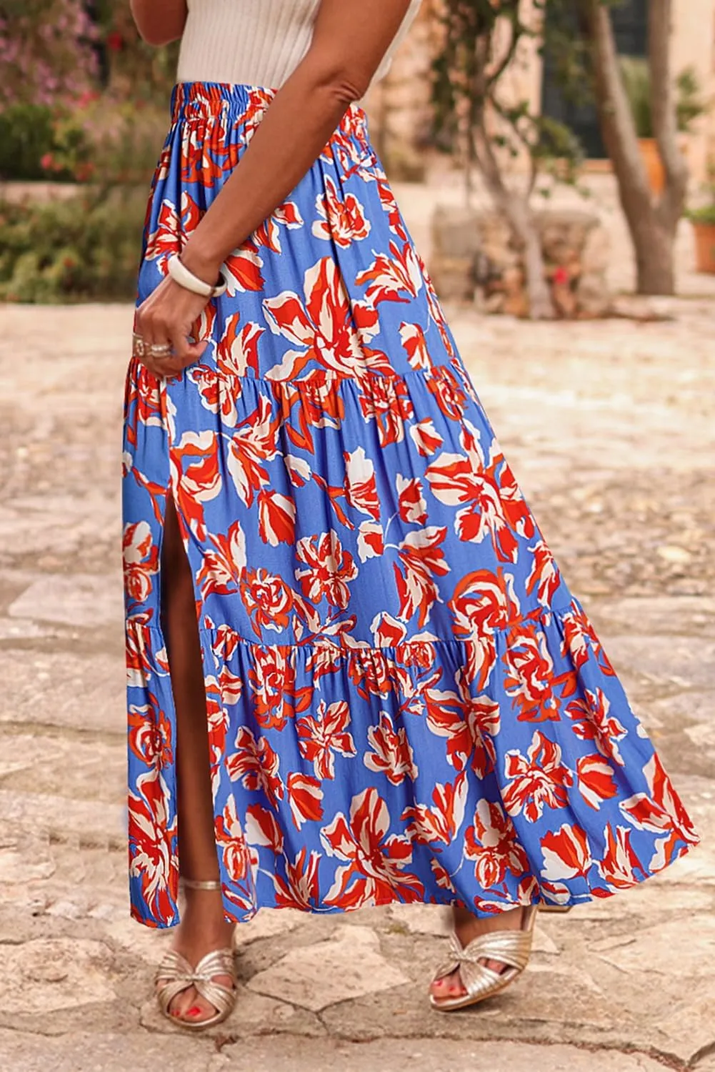 Happy Sailed Skirts for Women Spring Summer Boho Floral Print High Waist Flowy Split A Line Maxi Skirt with Pockets