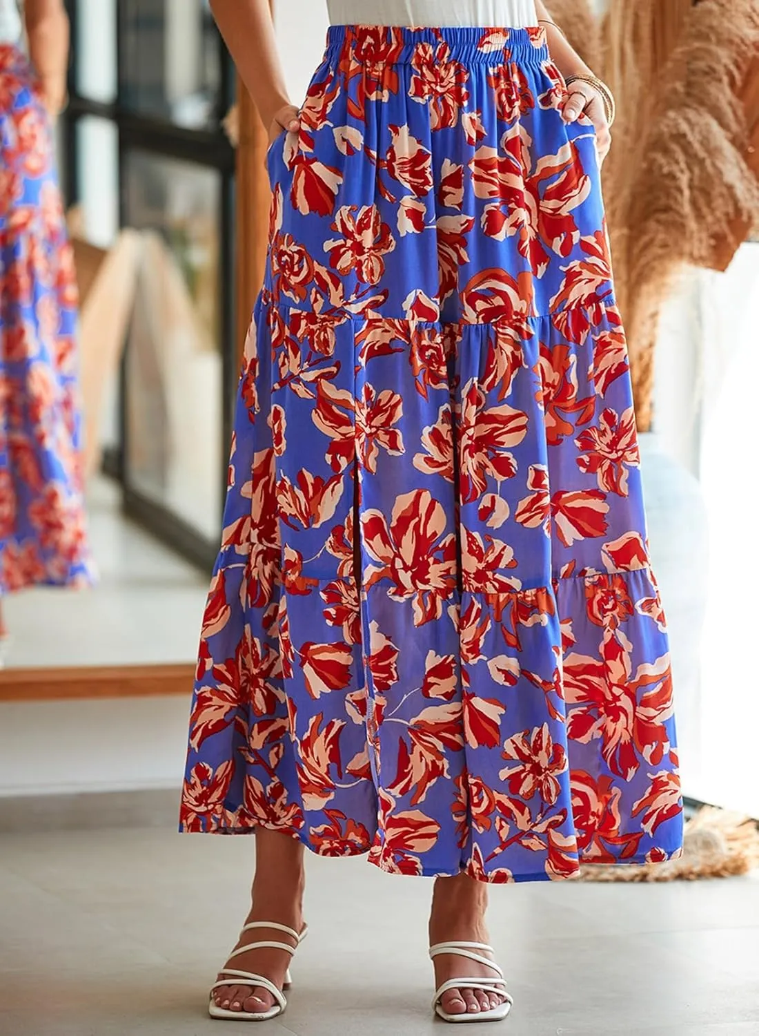 Happy Sailed Skirts for Women Spring Summer Boho Floral Print High Waist Flowy Split A Line Maxi Skirt with Pockets