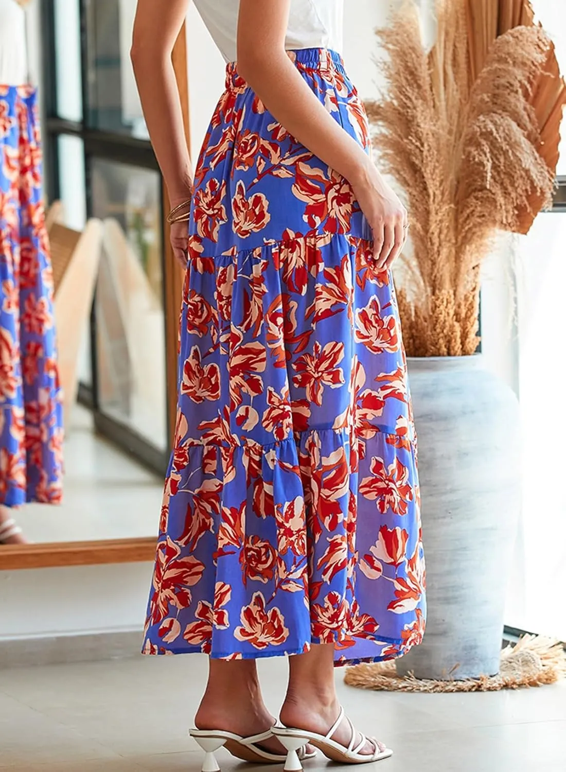 Happy Sailed Skirts for Women Spring Summer Boho Floral Print High Waist Flowy Split A Line Maxi Skirt with Pockets