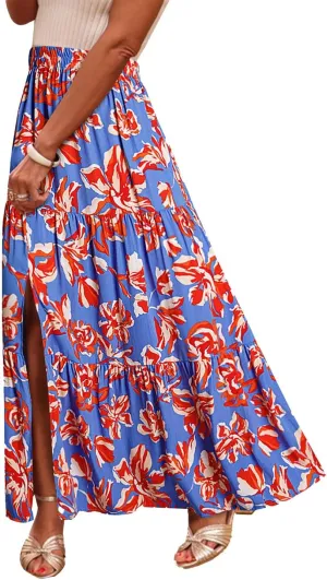 Happy Sailed Skirts for Women Spring Summer Boho Floral Print High Waist Flowy Split A Line Maxi Skirt with Pockets