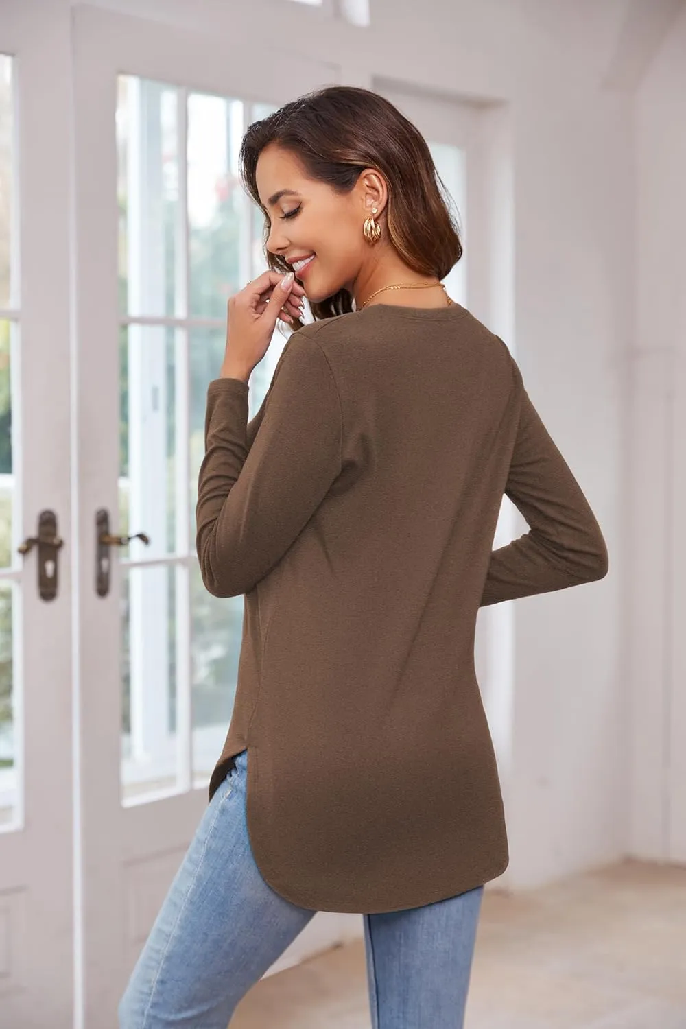 Herou Women's Casual Long Sleeve T Shirt Crewneck With Side Split Fall Pullover Loose Tunic Sweater Tops