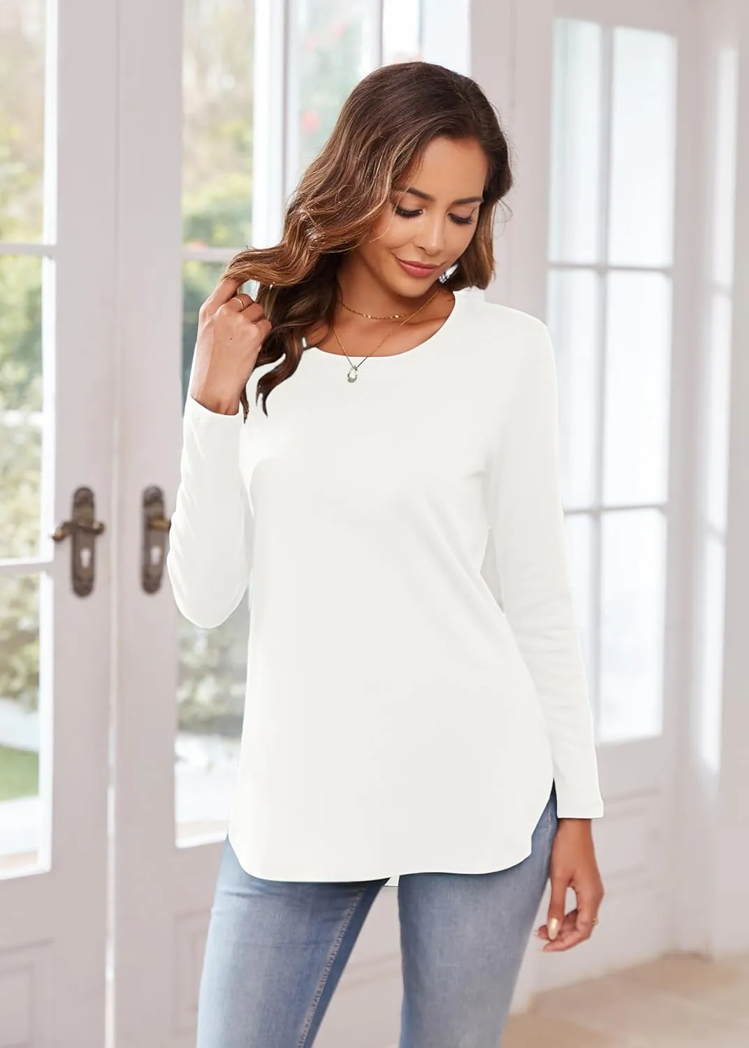 Herou Women's Casual Long Sleeve T Shirt Crewneck With Side Split Fall Pullover Loose Tunic Sweater Tops
