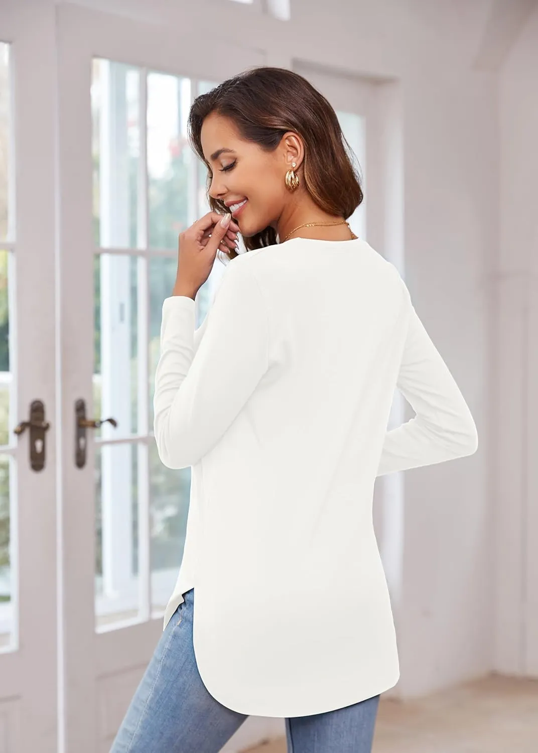 Herou Women's Casual Long Sleeve T Shirt Crewneck With Side Split Fall Pullover Loose Tunic Sweater Tops
