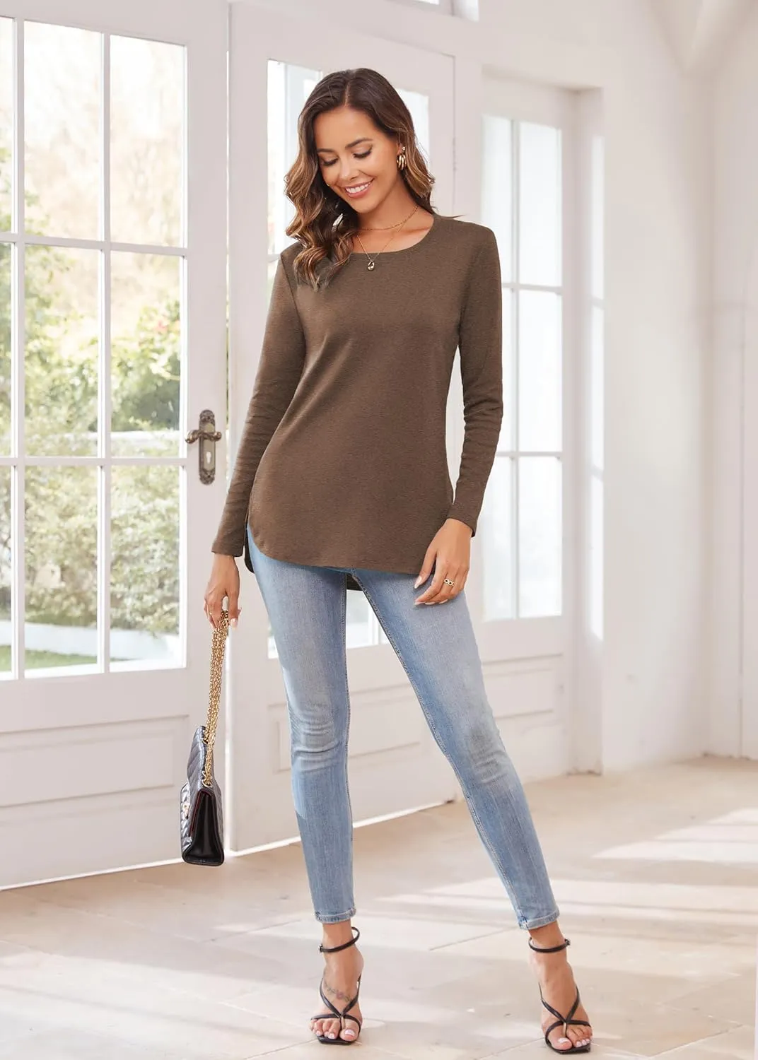 Herou Women's Casual Long Sleeve T Shirt Crewneck With Side Split Fall Pullover Loose Tunic Sweater Tops