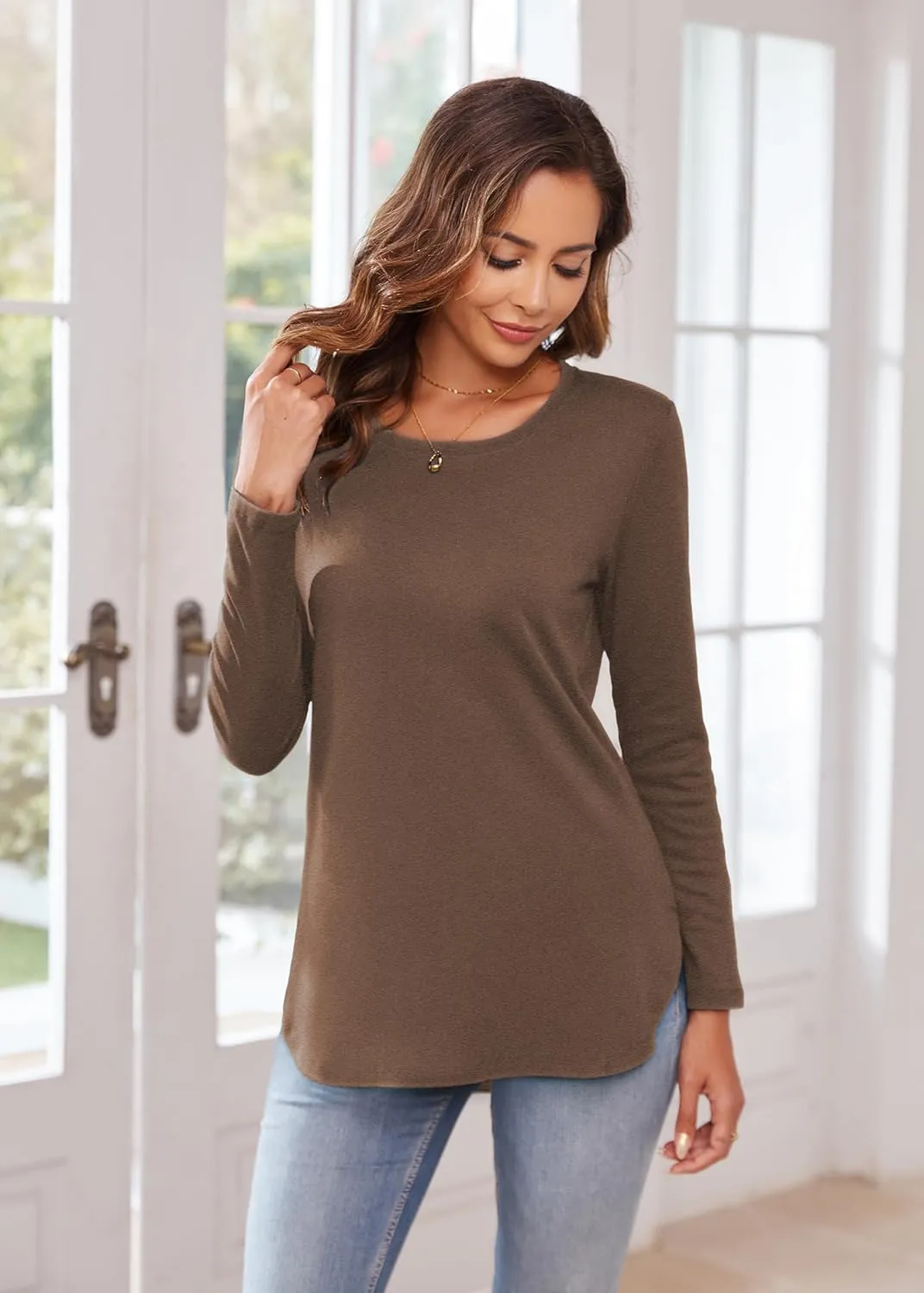 Herou Women's Casual Long Sleeve T Shirt Crewneck With Side Split Fall Pullover Loose Tunic Sweater Tops