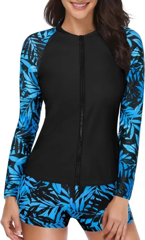 Holipick Women 2 Piece Rash Guard Swimsuit Long Sleeve Zipper Bathing Suit Sun Protection UPF 50  Swim Shirt with Shorts