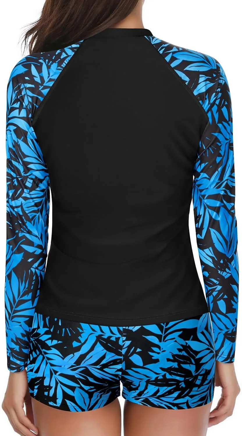 Holipick Women 2 Piece Rash Guard Swimsuit Long Sleeve Zipper Bathing Suit Sun Protection UPF 50  Swim Shirt with Shorts