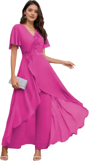 Hot Pink Wedding Pants Suits for Women Dressy Plus Size Lace 2 Pcs Mother of The Bride Dresses Short Sleeve Casual Pantsuits 18W