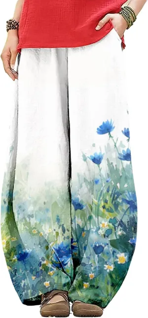 HOTYD Wide Leg Lantern Pants for Women Boho Floral Printed Low Rise Casual Pants Elastic Waist Baggy Trousers with Pockets
