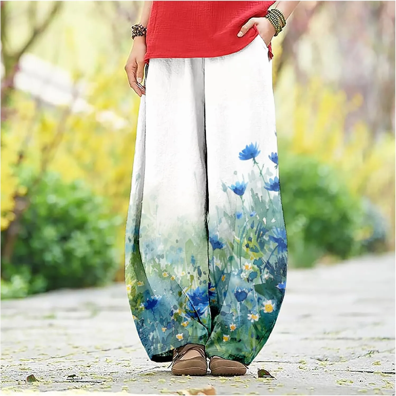HOTYD Wide Leg Lantern Pants for Women Boho Floral Printed Low Rise Casual Pants Elastic Waist Baggy Trousers with Pockets