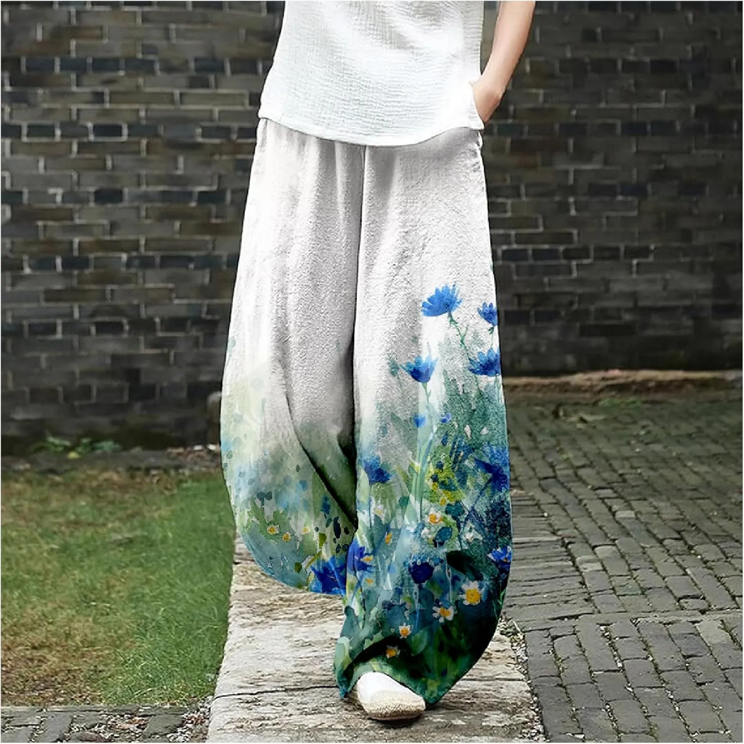 HOTYD Wide Leg Lantern Pants for Women Boho Floral Printed Low Rise Casual Pants Elastic Waist Baggy Trousers with Pockets