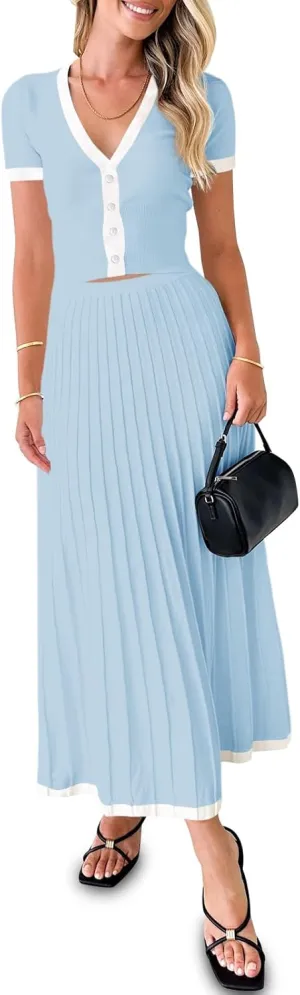 Imily Bela Womens 2 Piece Sweater Outfits Sets Short Sleeve V Neck Crop Top Knit Midi Long Pleated Skirt Dresses