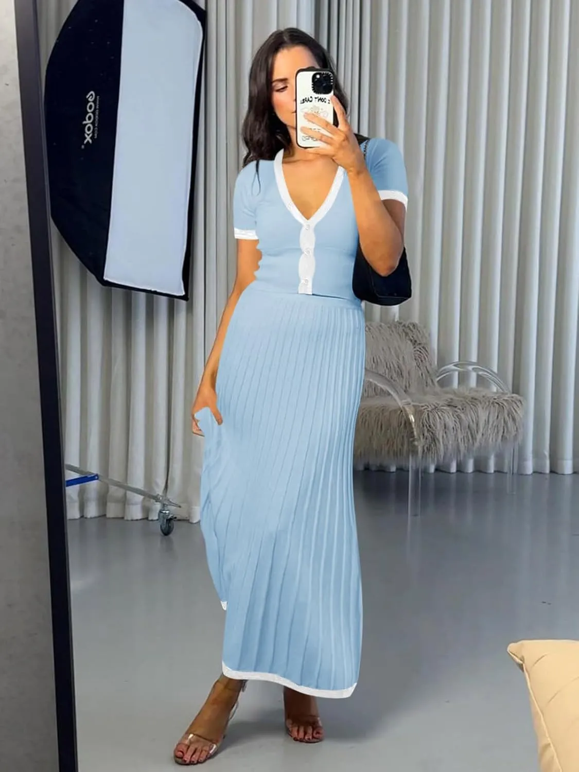 Imily Bela Womens 2 Piece Sweater Outfits Sets Short Sleeve V Neck Crop Top Knit Midi Long Pleated Skirt Dresses