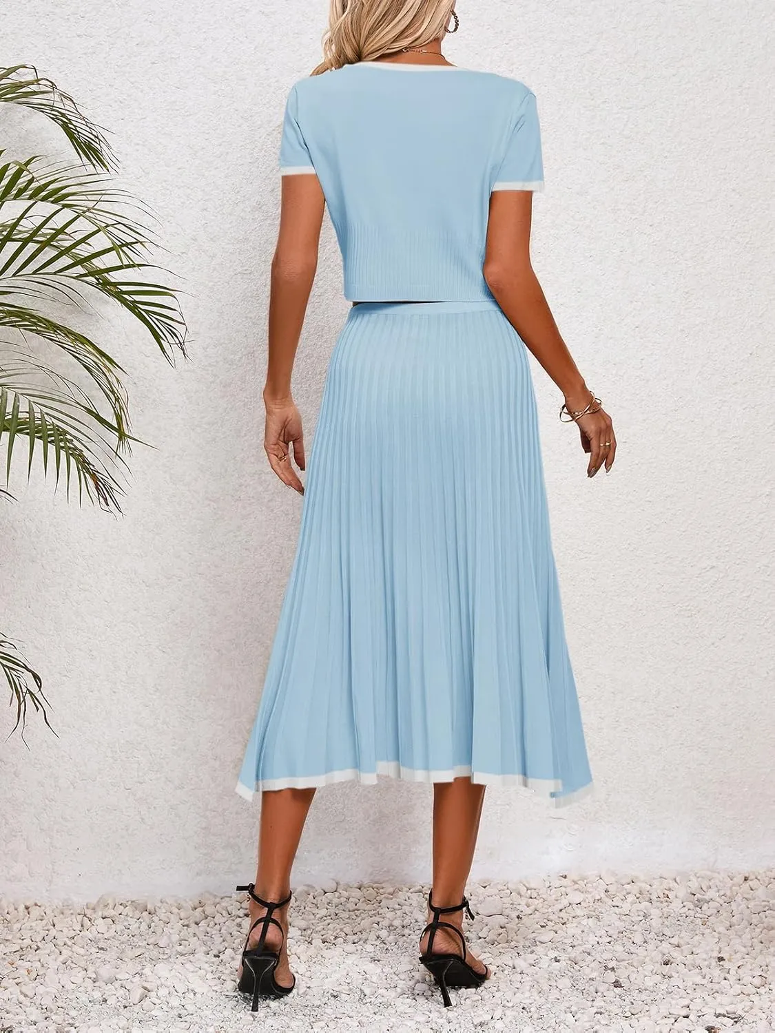 Imily Bela Womens 2 Piece Sweater Outfits Sets Short Sleeve V Neck Crop Top Knit Midi Long Pleated Skirt Dresses