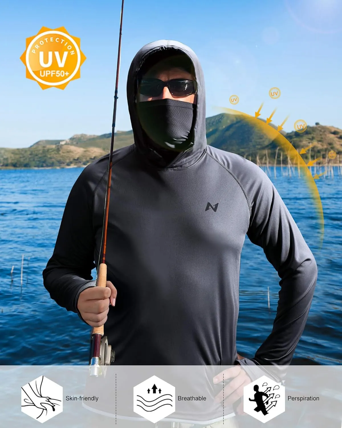 isnowood Sun Shirt UPF 50  Men's Fishing Long Sleeve Hooded Rash Guard Hiking Swimming Running UV Protection Hoodie
