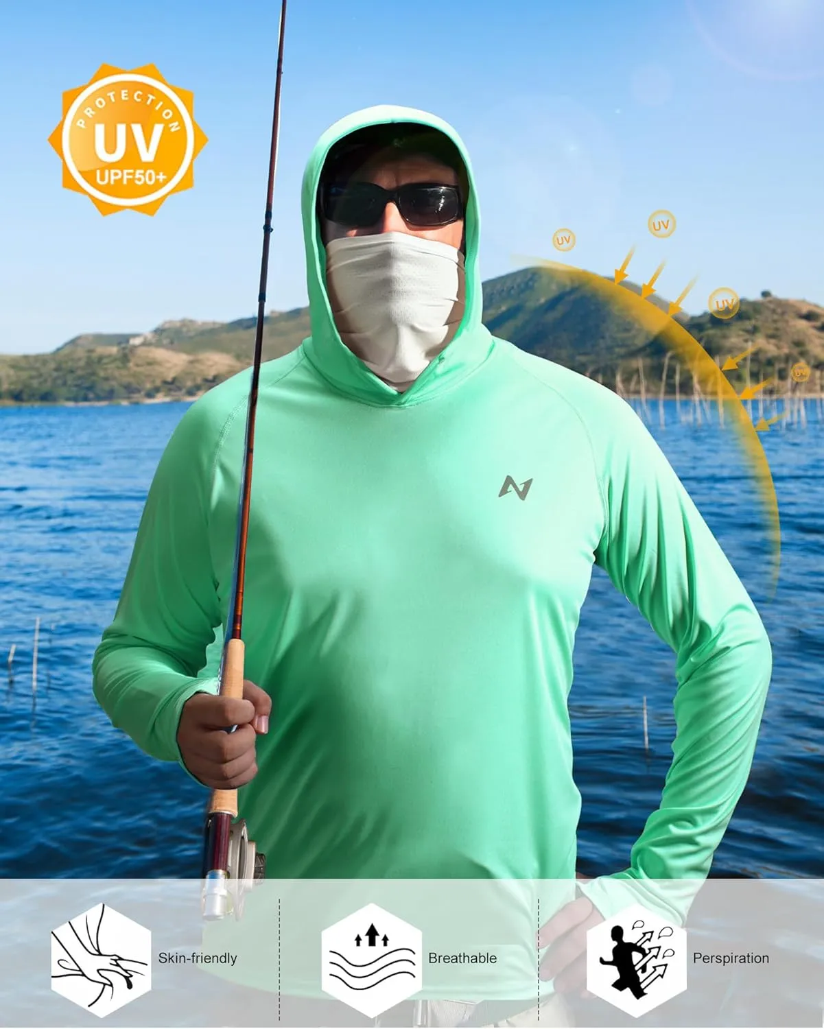 isnowood Sun Shirt UPF 50  Men's Fishing Long Sleeve Hooded Rash Guard Hiking Swimming Running UV Protection Hoodie
