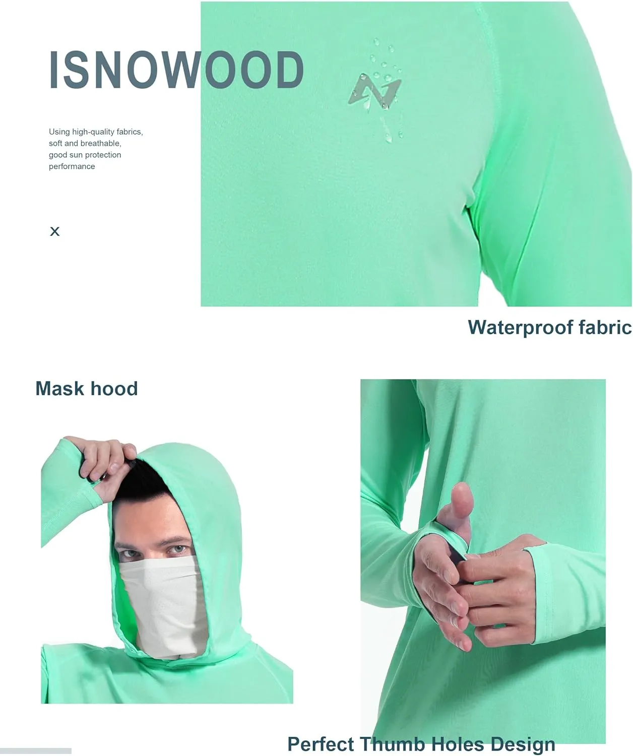 isnowood Sun Shirt UPF 50  Men's Fishing Long Sleeve Hooded Rash Guard Hiking Swimming Running UV Protection Hoodie