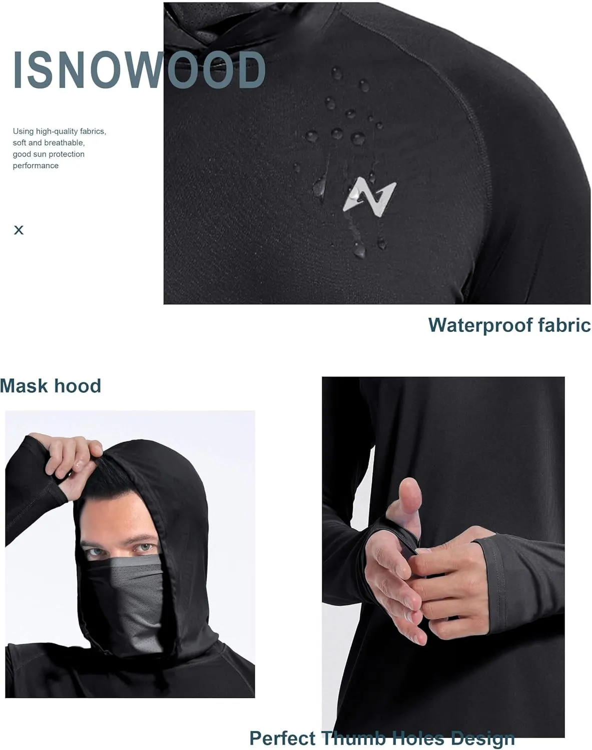 isnowood Sun Shirt UPF 50  Men's Fishing Long Sleeve Hooded Rash Guard Hiking Swimming Running UV Protection Hoodie