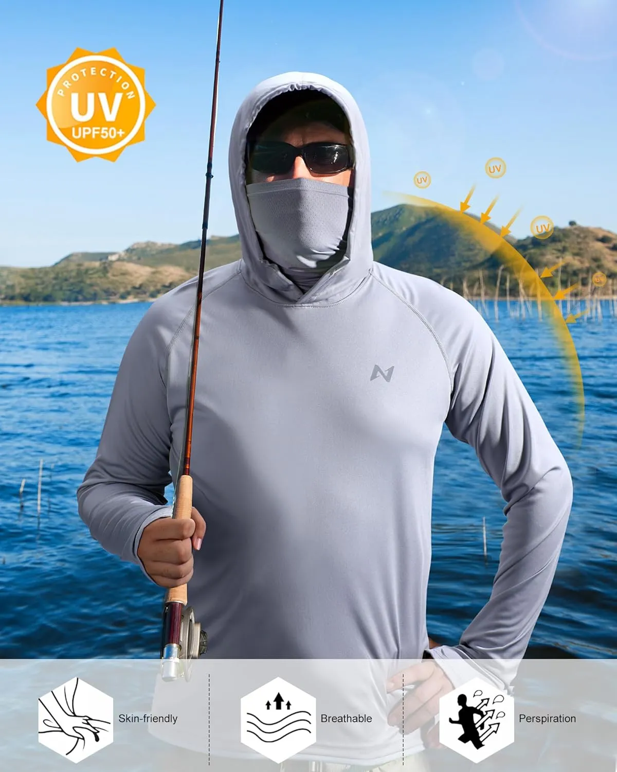 isnowood Sun Shirt UPF 50  Men's Fishing Long Sleeve Hooded Rash Guard Hiking Swimming Running UV Protection Hoodie