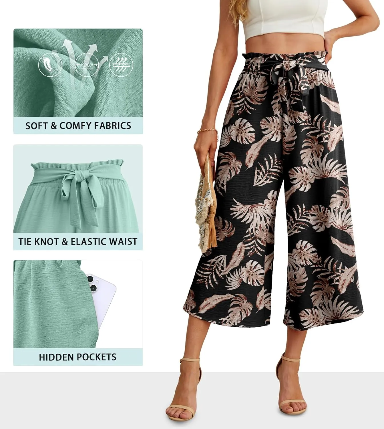 IWOLLENCE Women Flowy Loose Wide Leg Pant Summer Beach Casual Trousers high Waist Adjustable Knot Business Work Casual Pants