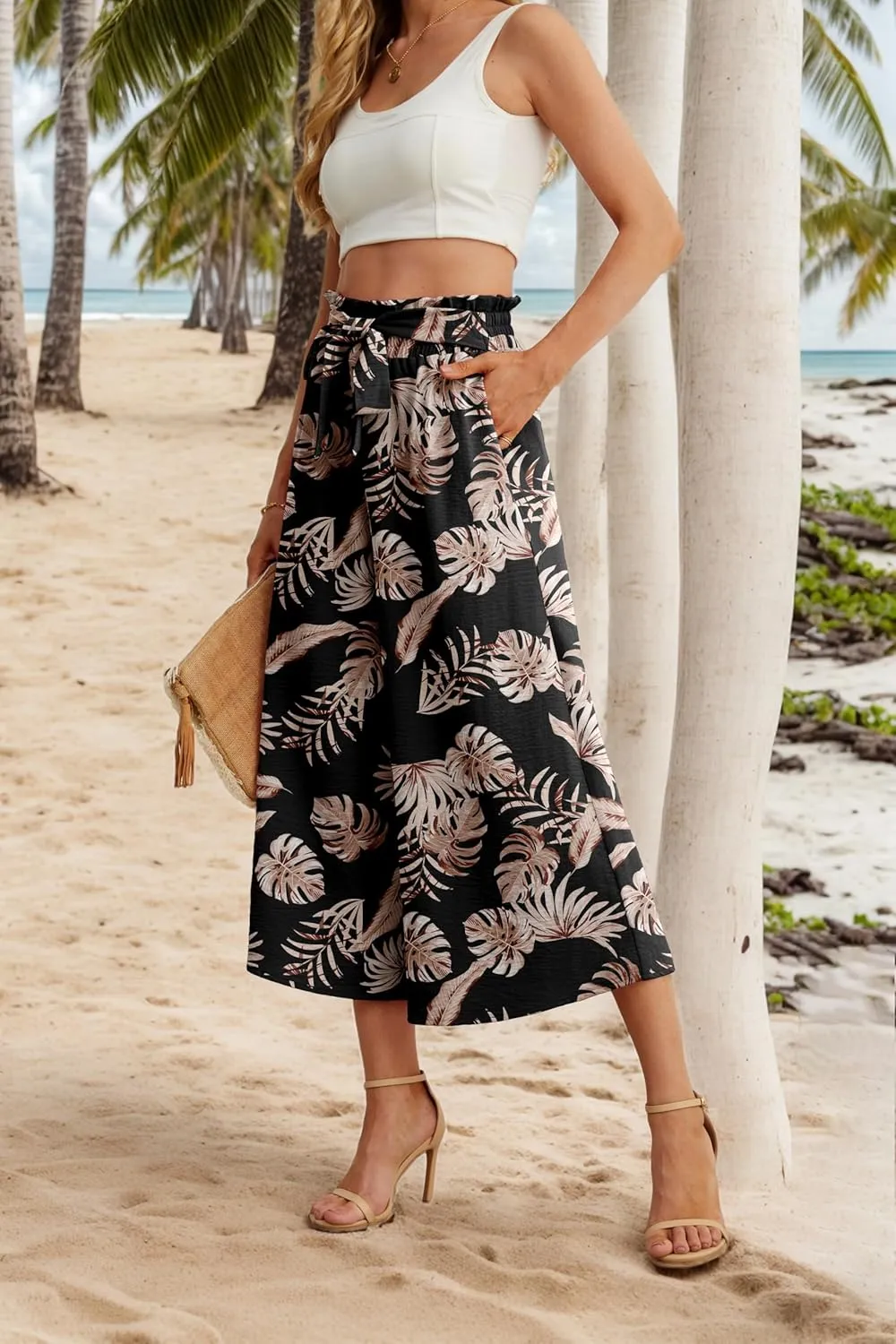 IWOLLENCE Women Flowy Loose Wide Leg Pant Summer Beach Casual Trousers high Waist Adjustable Knot Business Work Casual Pants