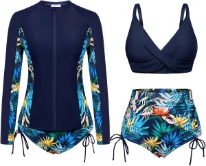 JASAMBAC Women 3 Piece Rash Guard Long Sleeve Zip Up Swimsuits with Boyshort UV UPF 50  Swim Shirt Built in Bra