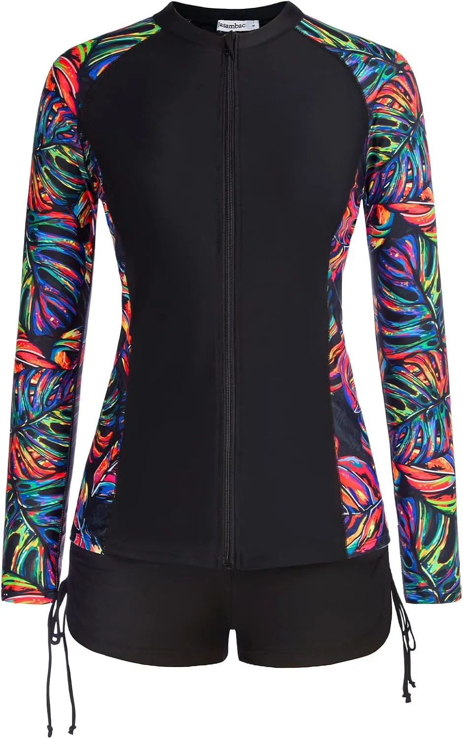 JASAMBAC Women 3 Piece Rash Guard Long Sleeve Zip Up Swimsuits with Boyshort UV UPF 50  Swim Shirt Built in Bra