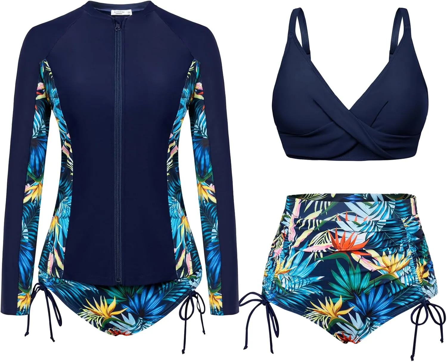 JASAMBAC Women 3 Piece Rash Guard Long Sleeve Zip Up Swimsuits with Boyshort UV UPF 50  Swim Shirt Built in Bra