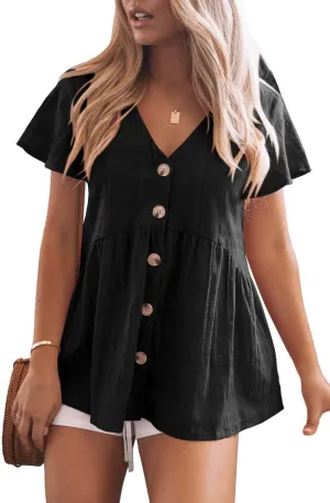 JayGate Womens Short Sleeve V Neck Blouse Button Down Shirt Loose Casual Ruffle Hem Babydoll Peplum Tops