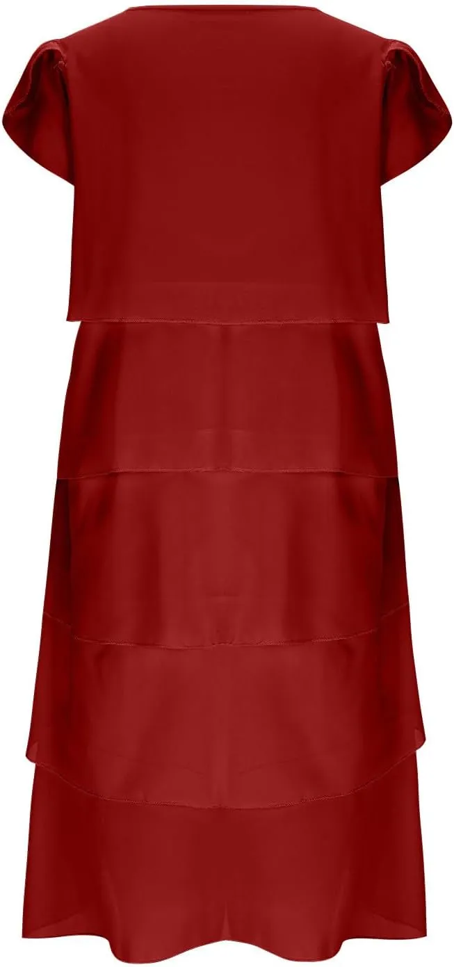 JOAU Layered Chiffon A Line Flowy Midi Dress for Women Elegant Petal Sleeve Crew Neck Wedding Guest Cocktail Party Dresses