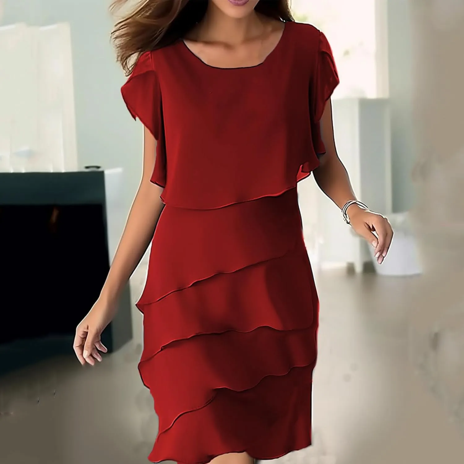JOAU Layered Chiffon A Line Flowy Midi Dress for Women Elegant Petal Sleeve Crew Neck Wedding Guest Cocktail Party Dresses