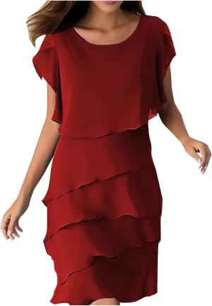 JOAU Layered Chiffon A Line Flowy Midi Dress for Women Elegant Petal Sleeve Crew Neck Wedding Guest Cocktail Party Dresses