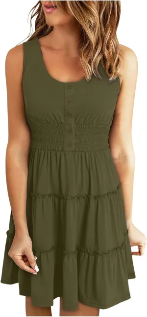 JOAU Women 2024 Summer Beach Dress Casual Sleeveless Crew Neck Sundress Button Smocked Waist Tiered Swing Ruffle Mini Dresses