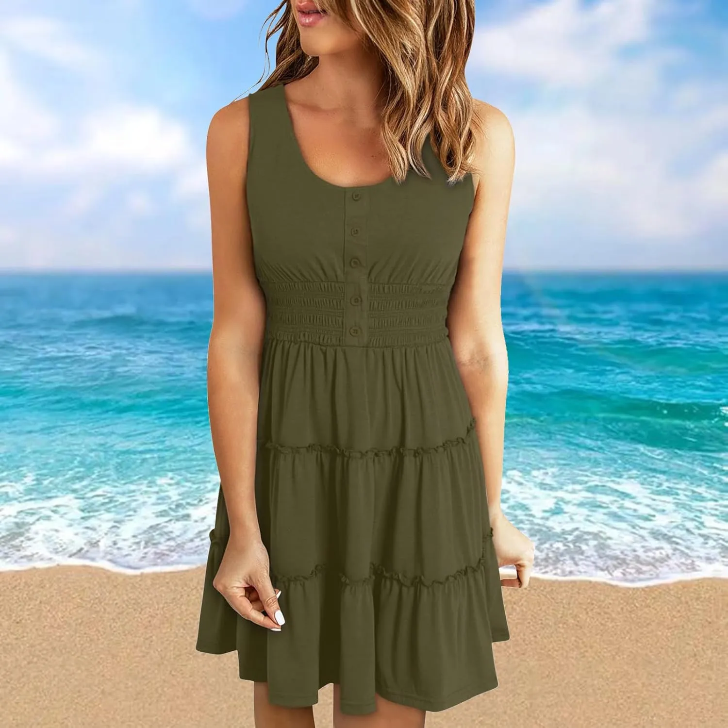 JOAU Women 2024 Summer Beach Dress Casual Sleeveless Crew Neck Sundress Button Smocked Waist Tiered Swing Ruffle Mini Dresses