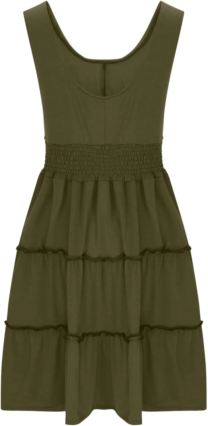 JOAU Women 2024 Summer Beach Dress Casual Sleeveless Crew Neck Sundress Button Smocked Waist Tiered Swing Ruffle Mini Dresses