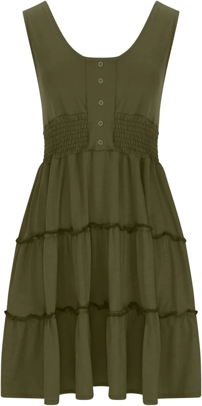 JOAU Women 2024 Summer Beach Dress Casual Sleeveless Crew Neck Sundress Button Smocked Waist Tiered Swing Ruffle Mini Dresses