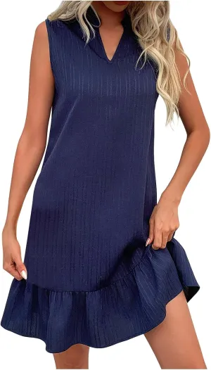 JOAU Women's Summer Beach Vacation Mini Dress A Line Notched V Neck Sleeveless Tank Dresses Stand Collar Ruffle Hem Sundress