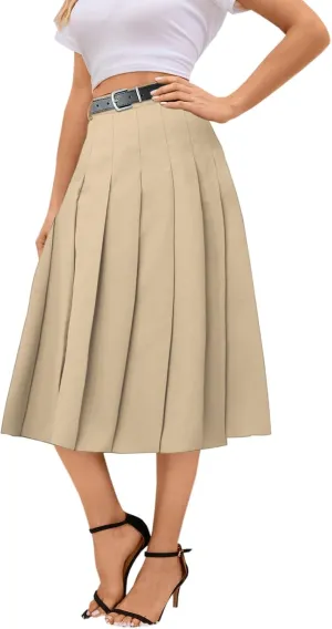 Joe Wenko Girls Womens High Waist Pleated Long Skirt with Pockets