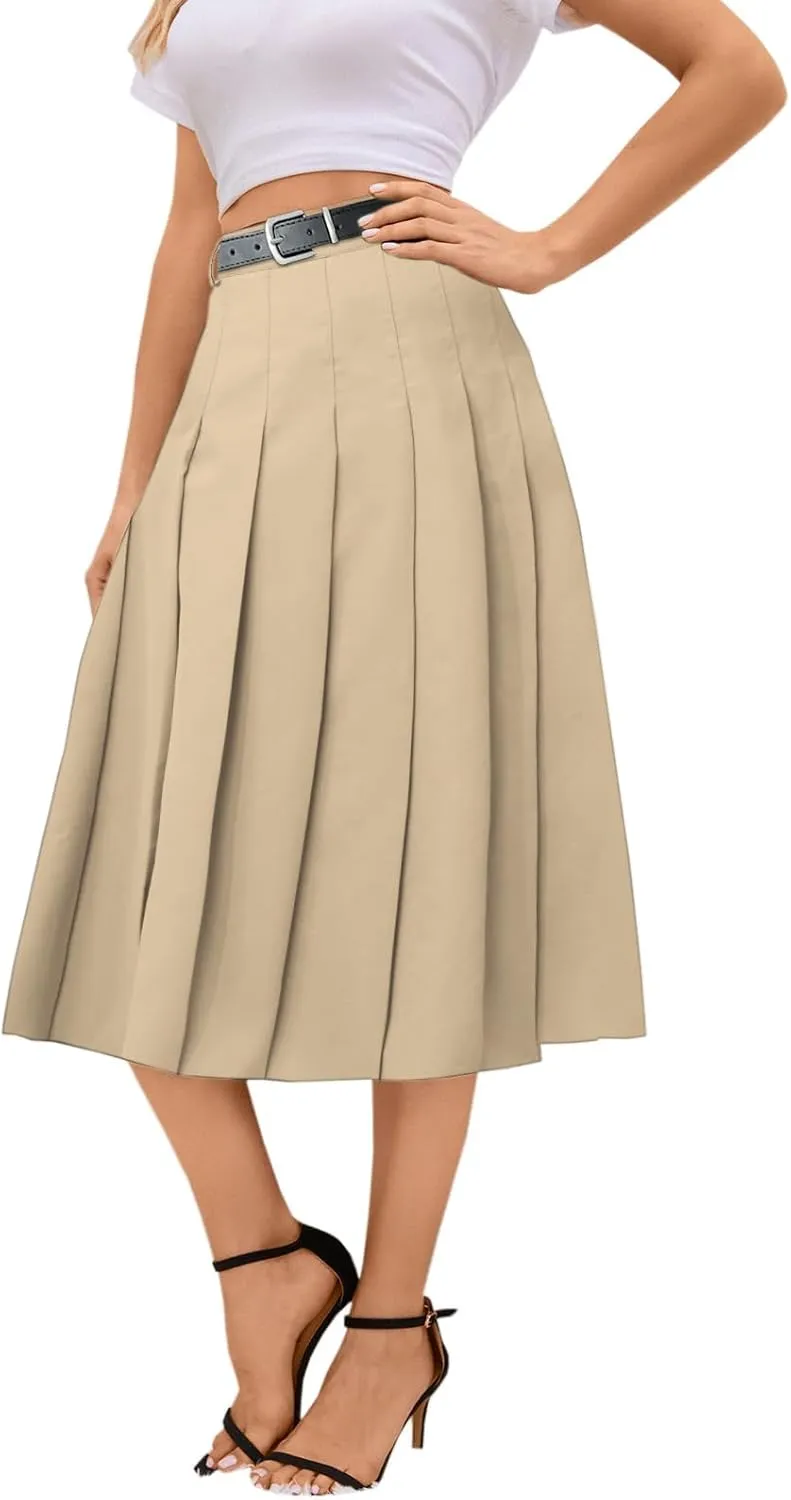 Joe Wenko Girls Womens High Waist Pleated Long Skirt with Pockets