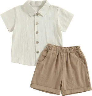 Karuedoo Toddler Baby Boy Clothes Cotton Linen Short Sleeve Button Down Shirt Shorts Set 2Pcs Summer Outfits