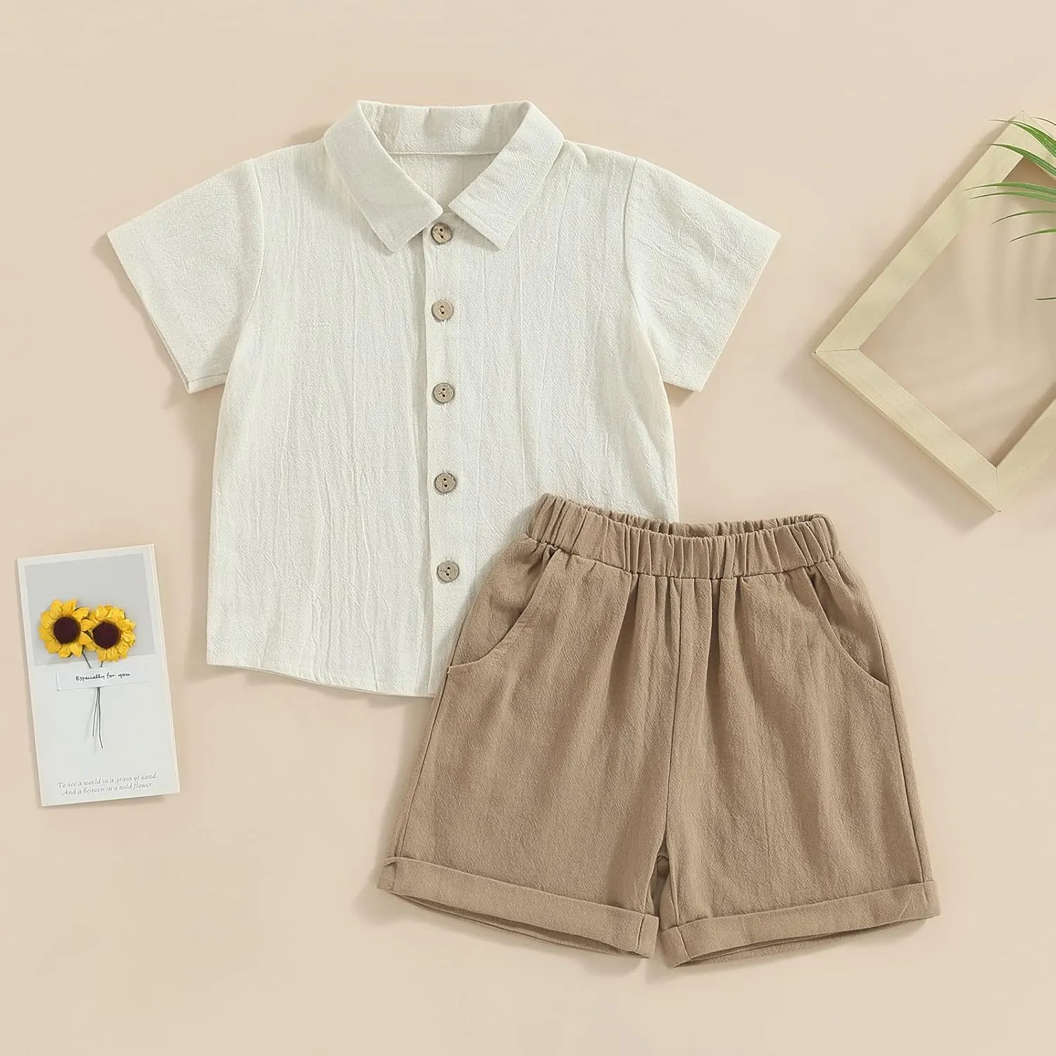 Karuedoo Toddler Baby Boy Clothes Cotton Linen Short Sleeve Button Down Shirt Shorts Set 2Pcs Summer Outfits